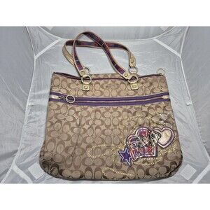 Y2K Coach Poppy Tartan Plaid Glam 15882 Shoulder Handbag Tote - Tan Purple Gold
